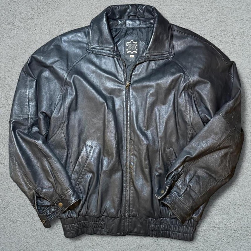Vintage 90s Black Genuine Leather Bomber Jacket Mens XL Full Zip Coat